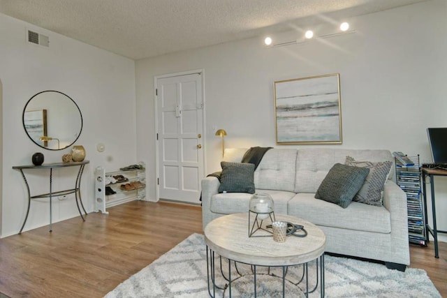 living room featuring a textured ceiling and light wood-type flooring