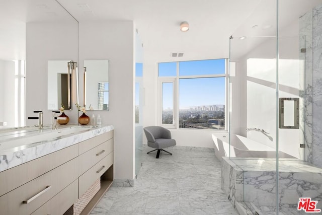 bathroom with separate shower and tub and vanity