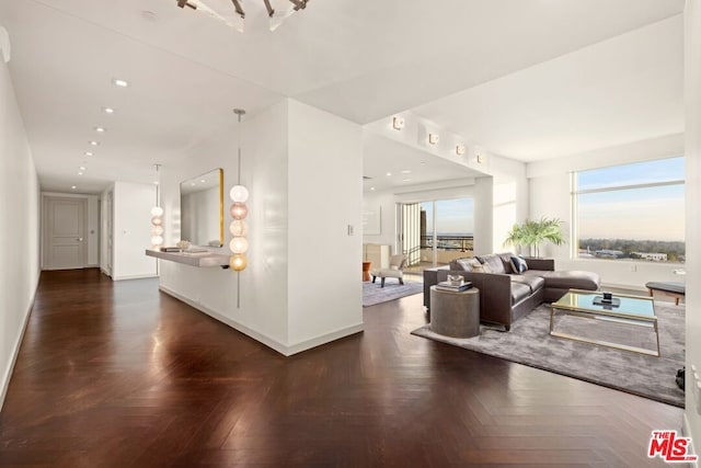 living room featuring dark parquet flooring