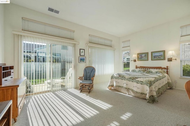 bedroom with multiple windows, access to outside, and carpet flooring