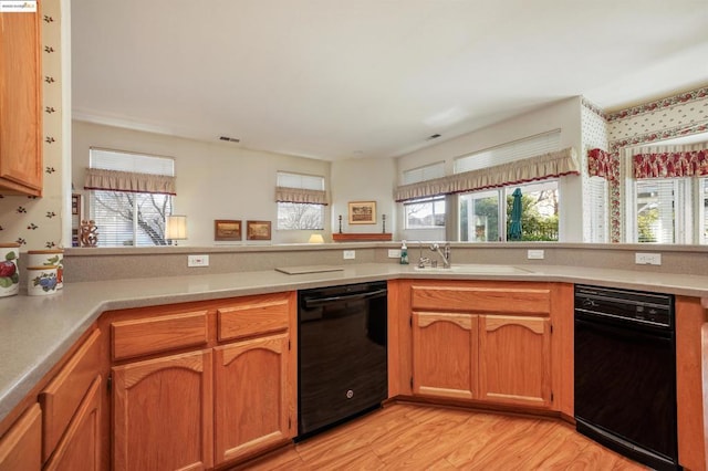 kitchen with black dishwasher, light hardwood / wood-style flooring, and sink