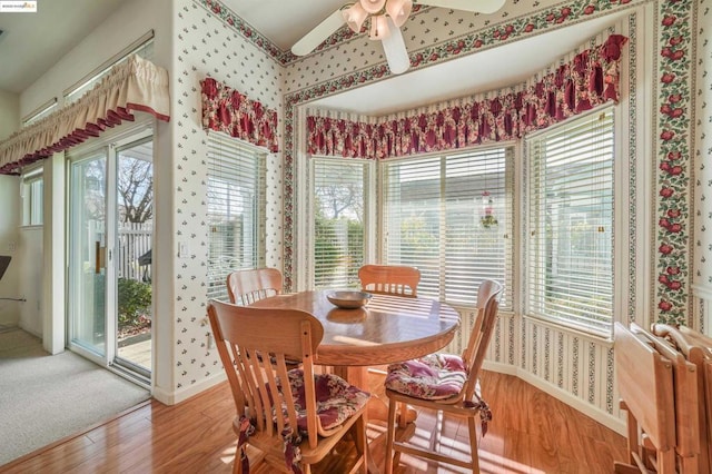 dining space with ceiling fan and wood-type flooring