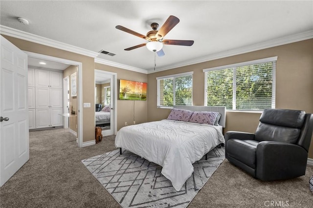 bedroom featuring ceiling fan, a closet, carpet, and crown molding