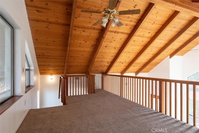 bonus room featuring wooden ceiling, carpet, and lofted ceiling with beams