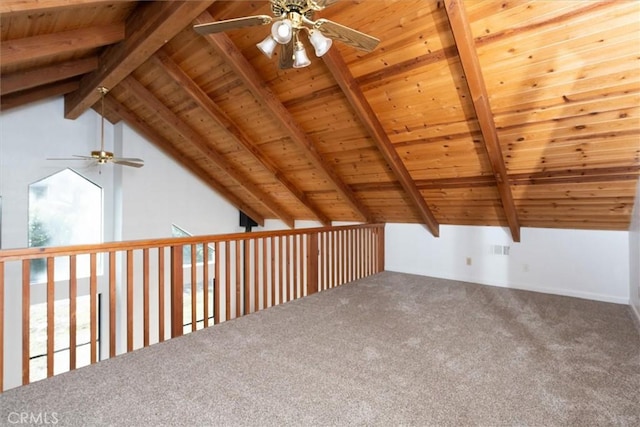 bonus room featuring ceiling fan, carpet flooring, wood ceiling, and vaulted ceiling with beams