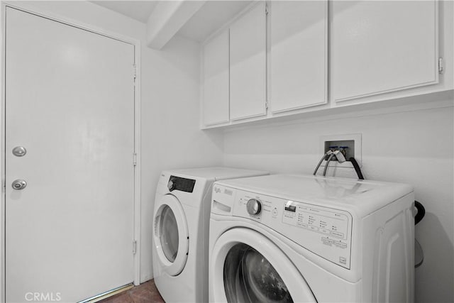 laundry area with cabinets and washing machine and clothes dryer