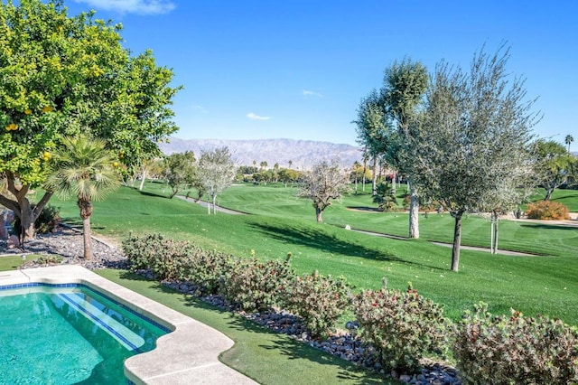 view of pool with a mountain view and a yard