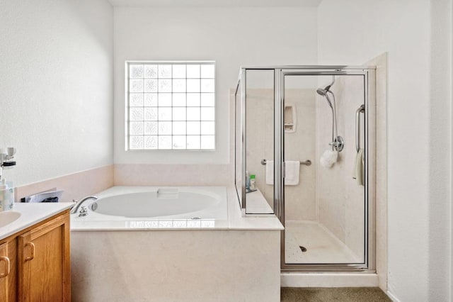 bathroom with vanity and plus walk in shower