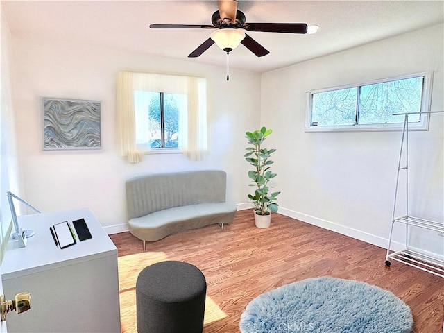 living area with ceiling fan and wood-type flooring