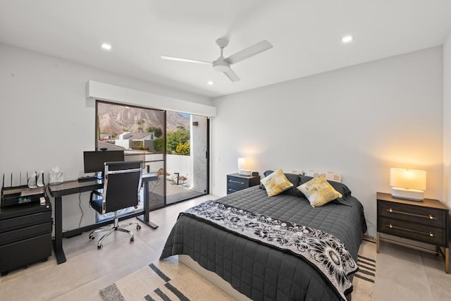 bedroom with ceiling fan and access to outside