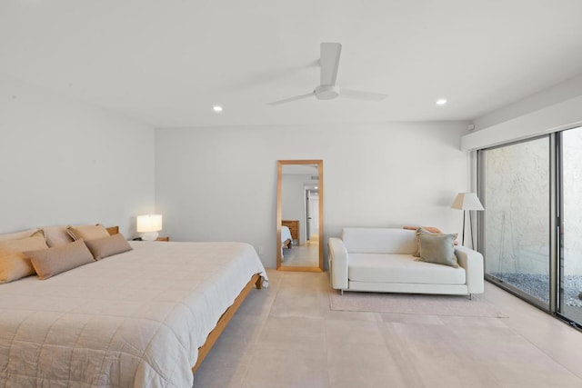 bedroom featuring ceiling fan and access to outside