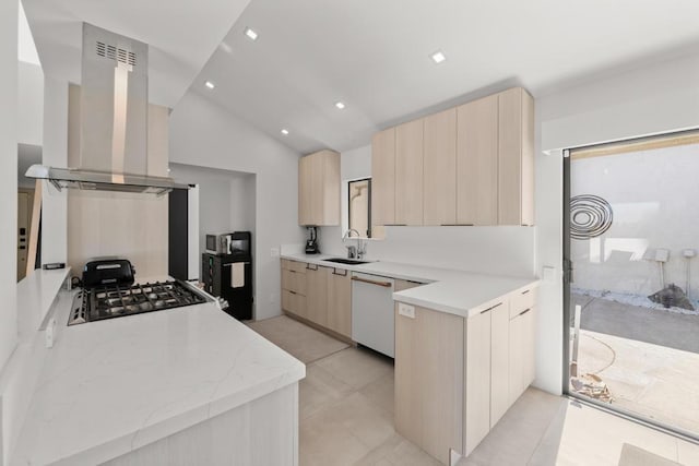 kitchen featuring dishwasher, light stone countertops, ventilation hood, light brown cabinetry, and range