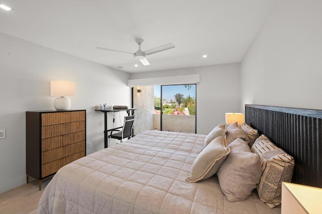 bedroom featuring ceiling fan and access to outside