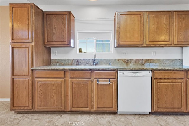 kitchen with stone counters, dishwasher, and sink