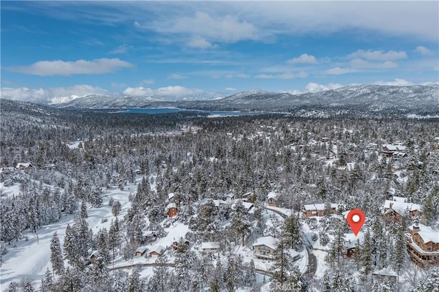 snowy aerial view with a mountain view