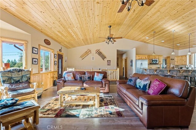 living room featuring ceiling fan, hardwood / wood-style floors, wood walls, and wood ceiling