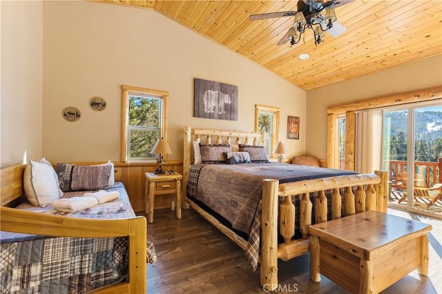 bedroom with ceiling fan, wooden ceiling, dark hardwood / wood-style flooring, and access to outside