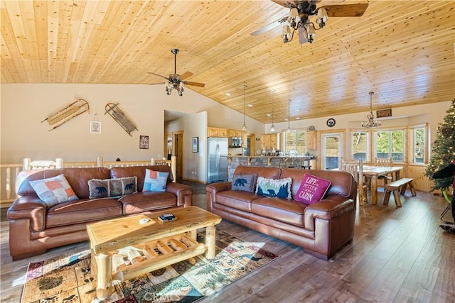 living room with high vaulted ceiling, ceiling fan, hardwood / wood-style flooring, and wooden ceiling