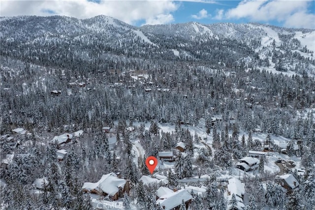 snowy aerial view with a mountain view