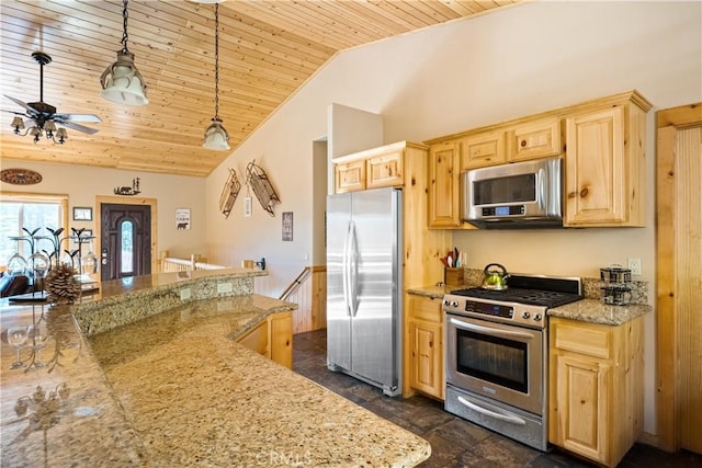 kitchen featuring wood ceiling, ceiling fan, stainless steel appliances, hanging light fixtures, and vaulted ceiling