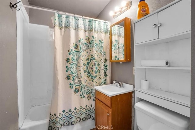 full bathroom with toilet, shower / tub combo, and vanity