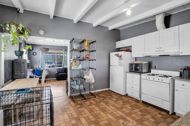 kitchen with white cabinetry, white appliances, and beam ceiling