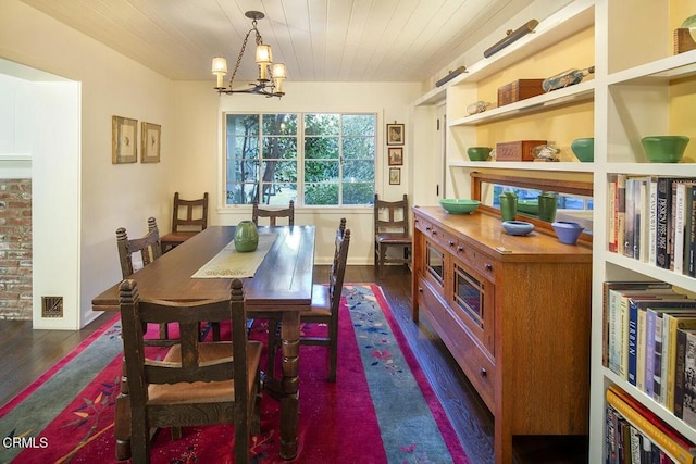 dining room with wooden ceiling, a chandelier, and dark hardwood / wood-style floors