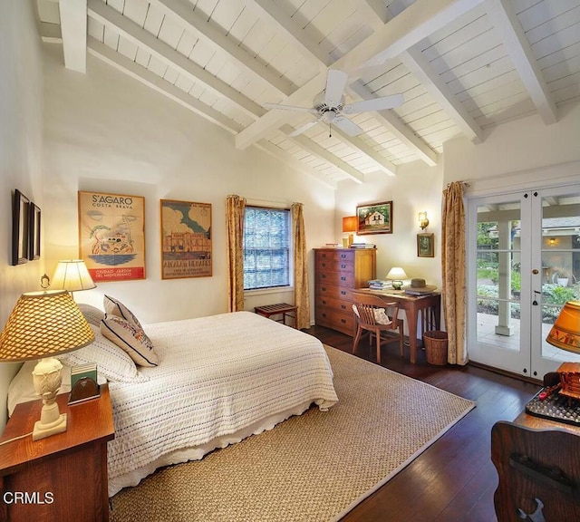 bedroom with french doors, dark wood-type flooring, vaulted ceiling with beams, and multiple windows