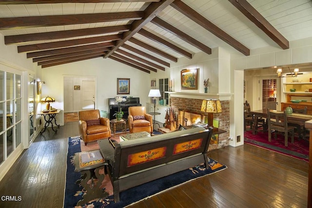 living room featuring a brick fireplace, dark wood-type flooring, lofted ceiling with beams, and wood ceiling