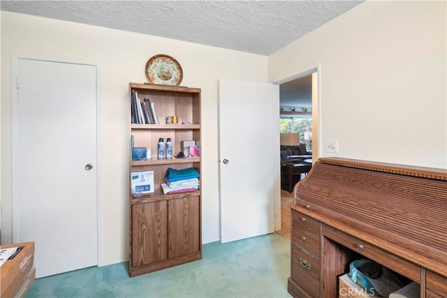 carpeted office featuring a textured ceiling