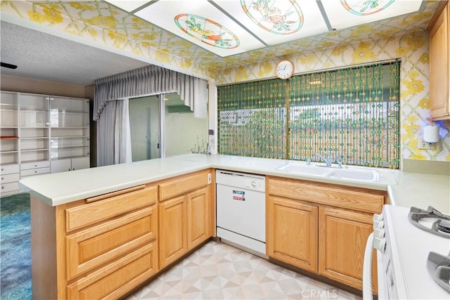 kitchen with kitchen peninsula, sink, and white appliances