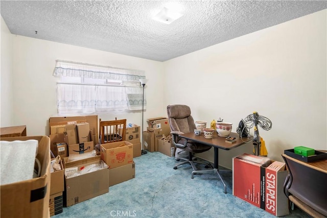 office space featuring a textured ceiling and carpet flooring