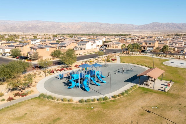 bird's eye view with a mountain view