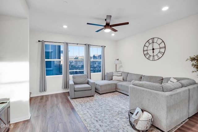 living room with ceiling fan and wood-type flooring