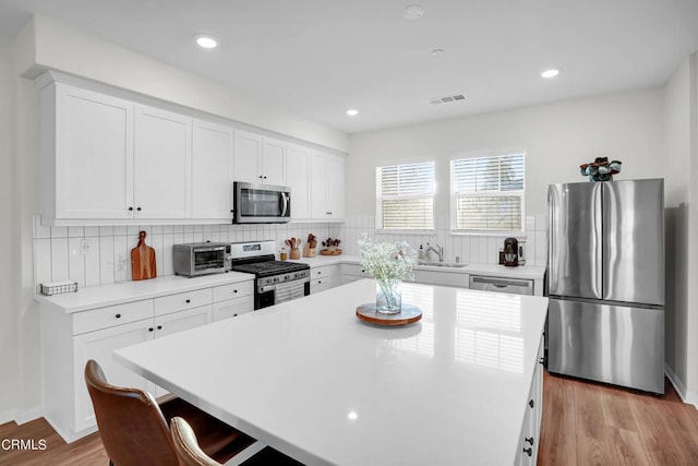 kitchen featuring backsplash, white cabinets, stainless steel appliances, and a kitchen island