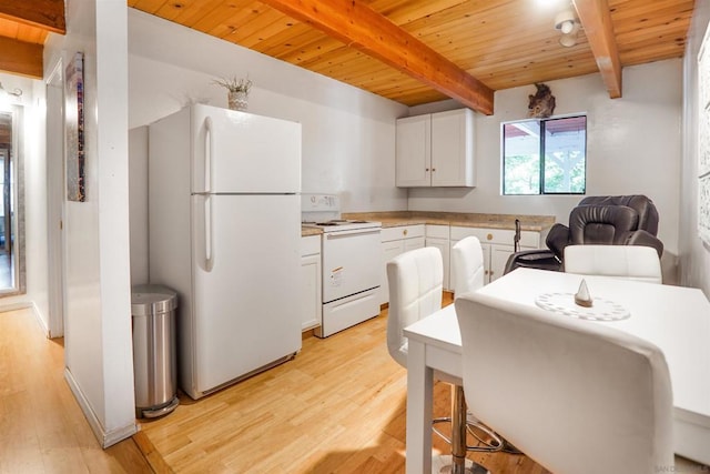 kitchen featuring white appliances, white cabinets, beamed ceiling, wooden ceiling, and light hardwood / wood-style flooring