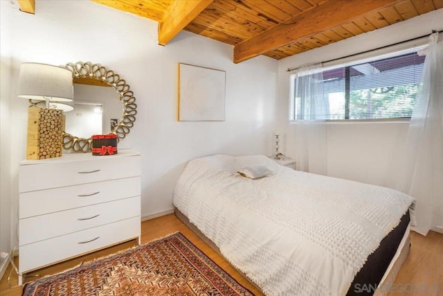 bedroom with wood-type flooring, beamed ceiling, and wooden ceiling