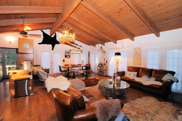 living room featuring wooden ceiling, lofted ceiling with beams, ceiling fan with notable chandelier, and hardwood / wood-style floors