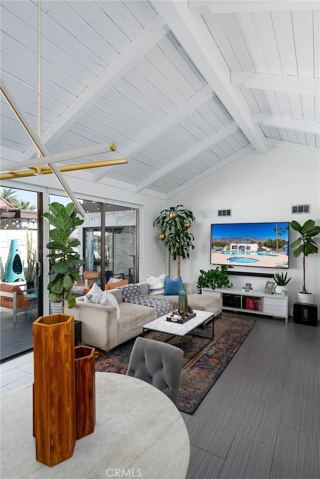 living room featuring wooden ceiling and lofted ceiling with beams