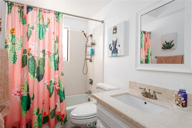 full bathroom with shower / bath combo with shower curtain, vanity, and toilet