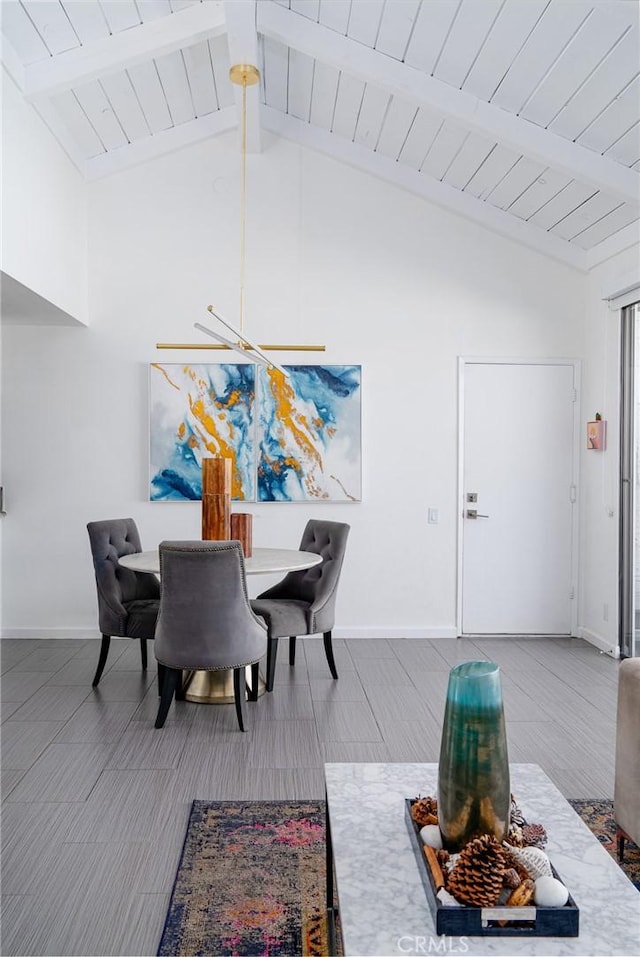 dining area with lofted ceiling with beams and wooden ceiling