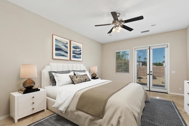 bedroom featuring ceiling fan and access to outside