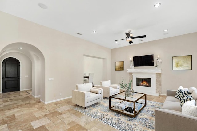 living room with ceiling fan