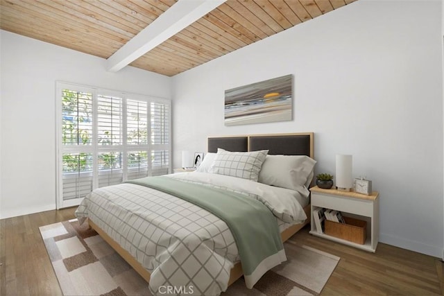 bedroom with dark hardwood / wood-style floors, beam ceiling, and wood ceiling