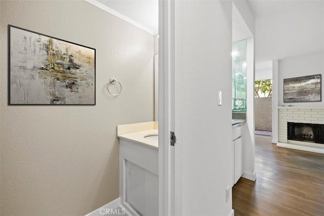 bathroom featuring hardwood / wood-style floors, vanity, ornamental molding, and a fireplace