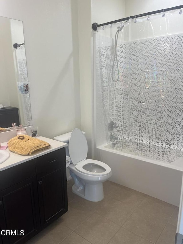 full bathroom with tile patterned flooring, vanity, toilet, and shower / bathtub combination with curtain