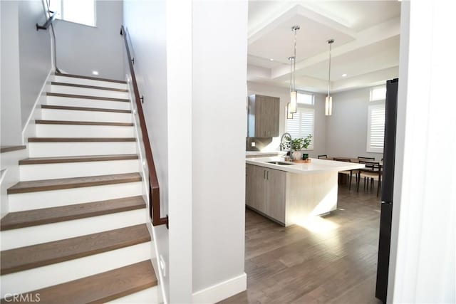 stairs featuring a raised ceiling, sink, and hardwood / wood-style flooring