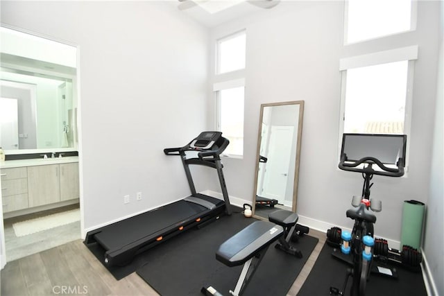 workout area with light hardwood / wood-style flooring