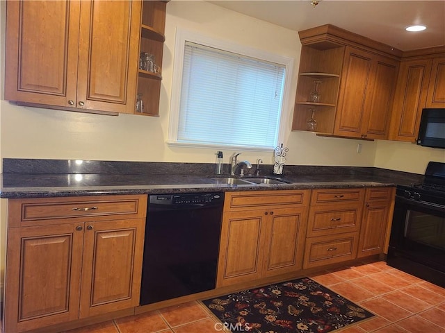 kitchen with a sink, black appliances, brown cabinetry, and open shelves