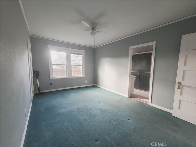 unfurnished bedroom with dark carpet, ceiling fan, and crown molding